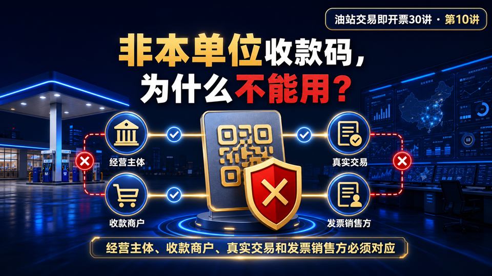 为什么不能使用非本单位收款码？油站这4条线必须对应。交易即开票第十讲